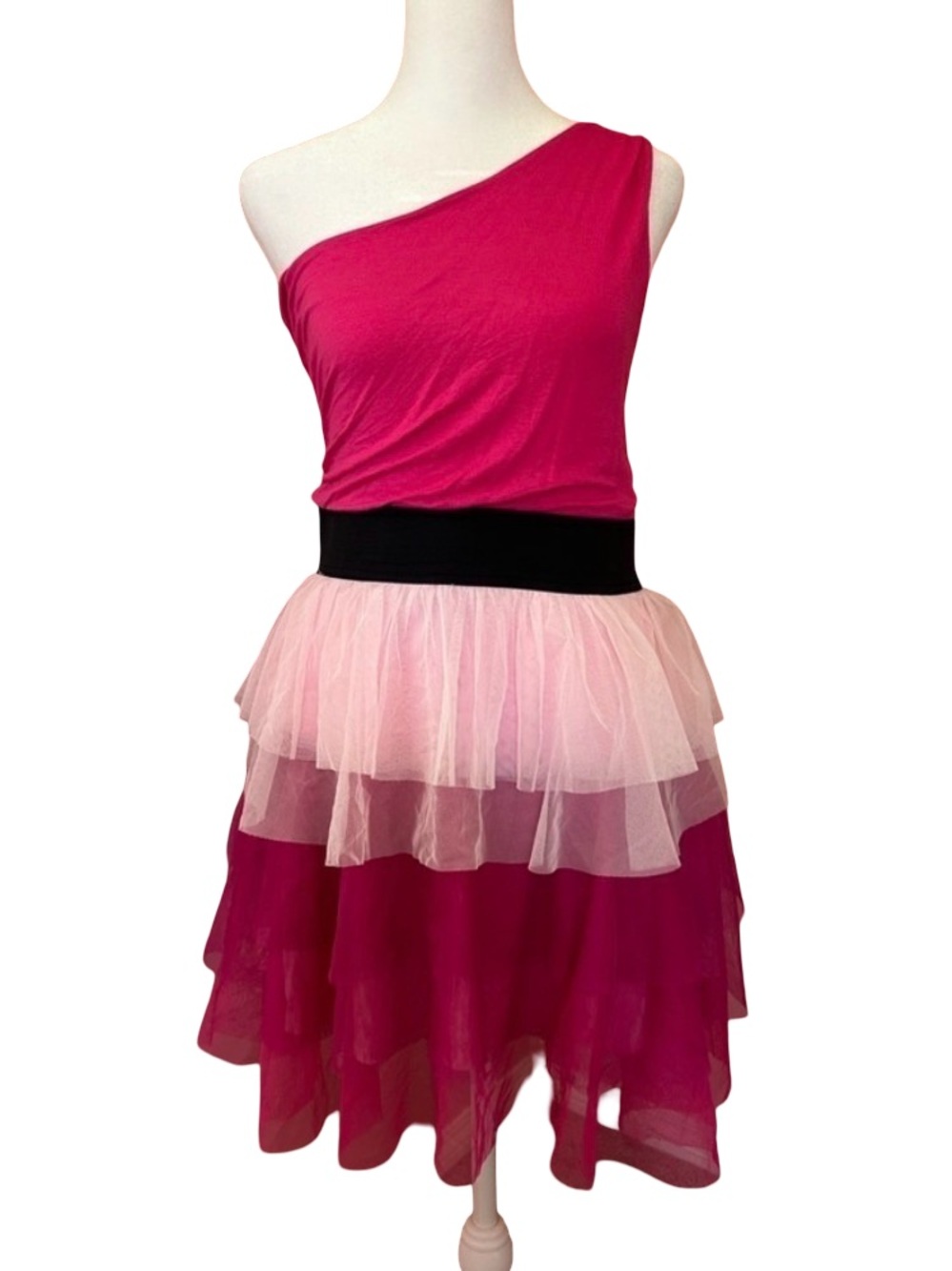 Say What? Y2K Hot Pink One Shoulder Tiered Tulle Mini Dress Barbiecore Party L